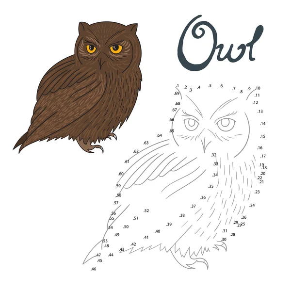 Jeu éducatif connecter des points pour dessiner l'oiseau hibou — Image vectorielle