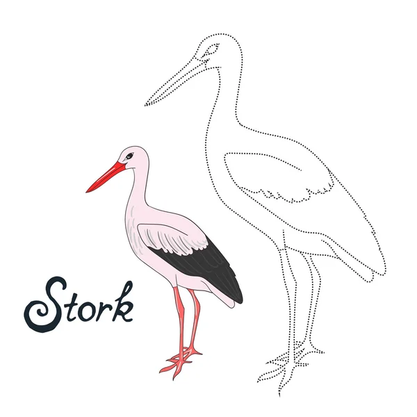 Juego educativo conectar puntos para dibujar pájaro cigüeña — Vector de stock
