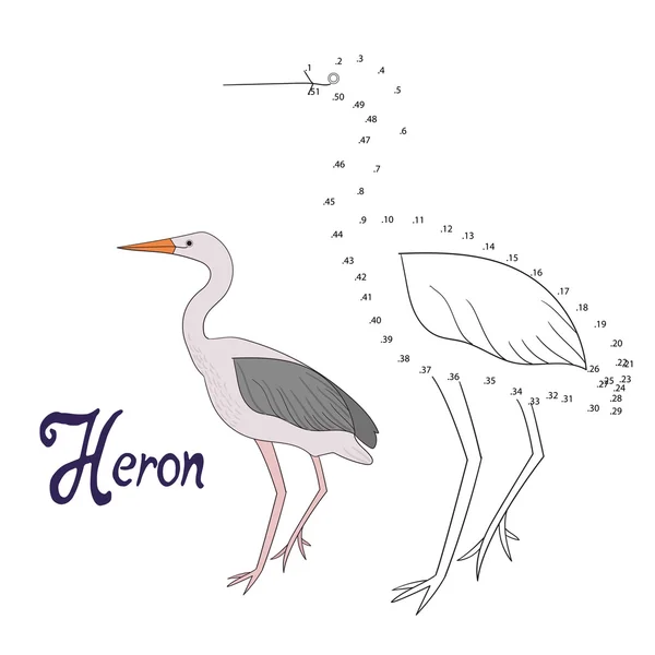 Juego educativo conectar puntos para dibujar garza pájaro — Vector de stock