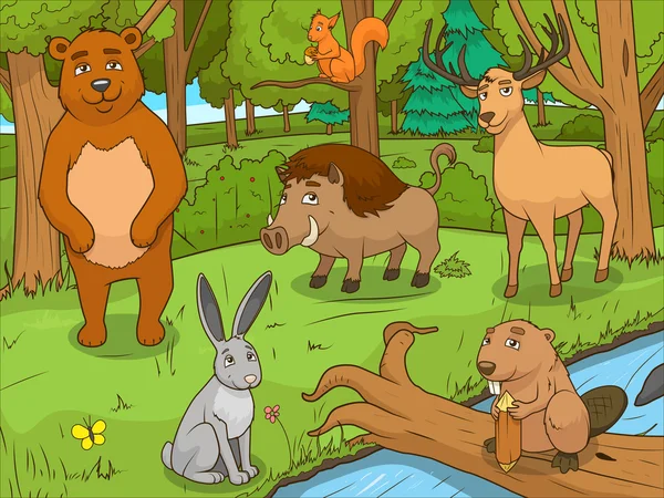 Bosque de dibujos animados animales juego educativo vector — Vector de stock