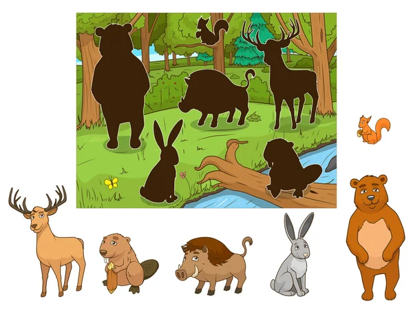 Wald Cartoon Tiere mit Schatten Vektor — Stockvektor