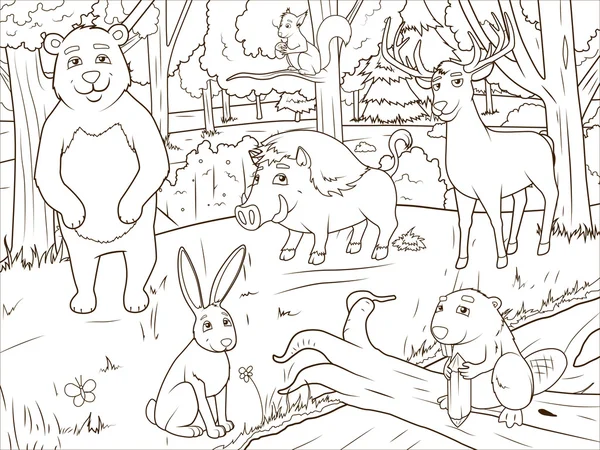 Floresta desenhos animados animais colorir livro vetor — Vetor de Stock