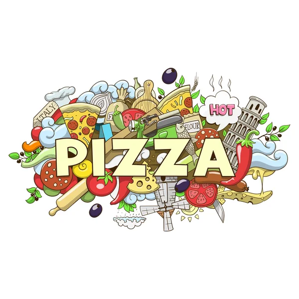 Pizza hand dras titel design vektor illustration — Stock vektor