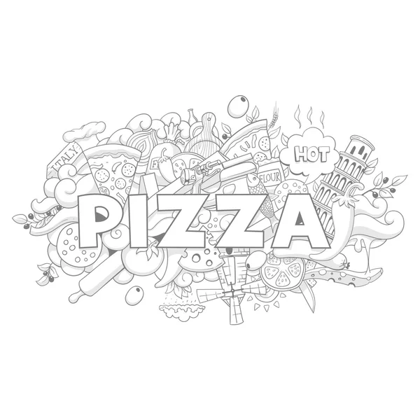 Pizza mão desenhada título desenho vetor ilustração —  Vetores de Stock