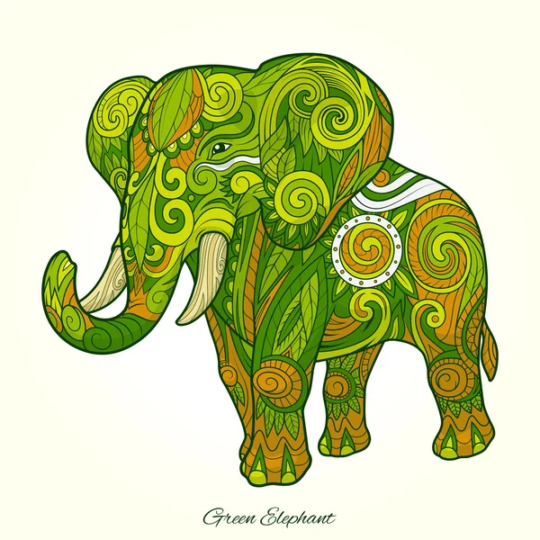 Slon zelený ornament etnické vektorové ilustrace — Stockový vektor