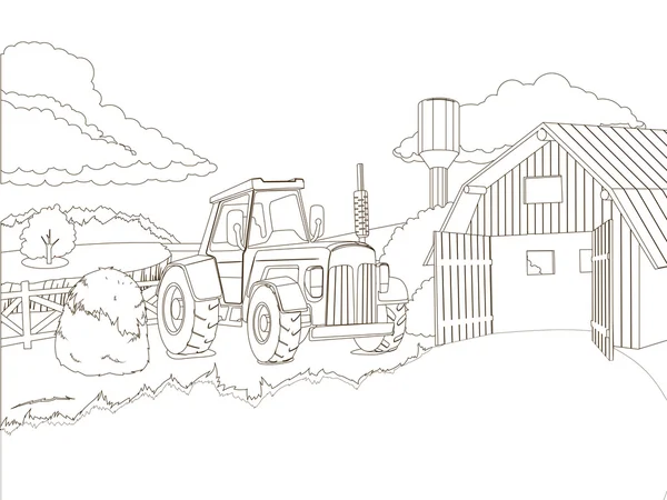 Tractor en la granja para colorear libro vector — Vector de stock