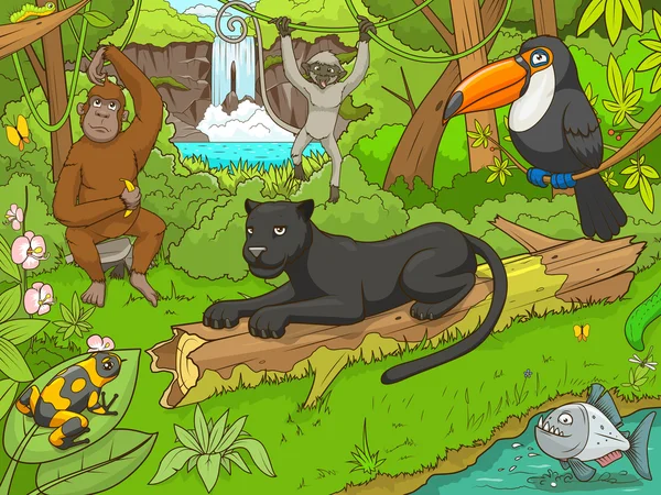 Selva bosque con animales vector de dibujos animados — Vector de stock