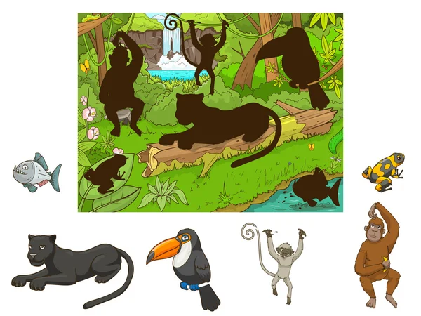 Selva desenho animado jogo educativo encontrar vetor animal —  Vetores de Stock