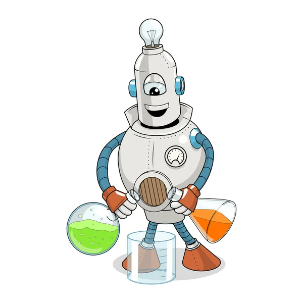 Experimento científico de robots de dibujos animados vectoriales — Vector de stock