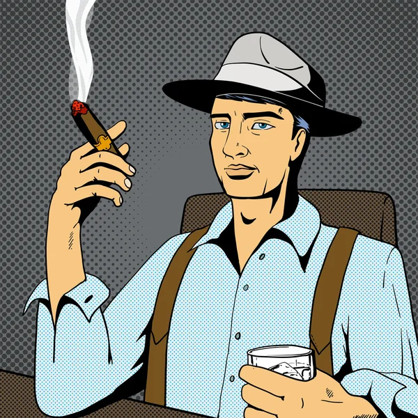 Hombre con whisky y cigarro pop art vector — Vector de stock