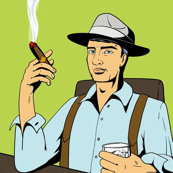 Hombre con whisky y cigarro pop art vector — Archivo Imágenes Vectoriales
