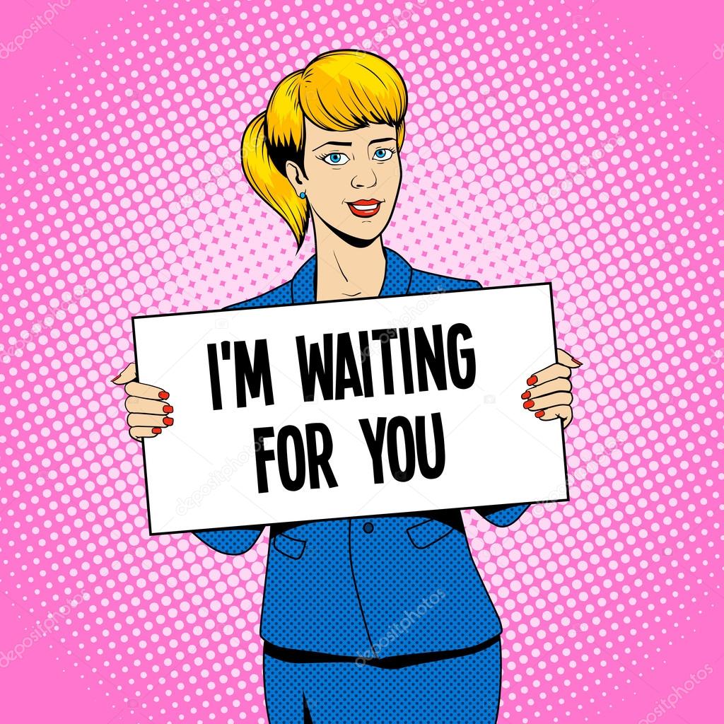 Young woman holding a sign pop art vector