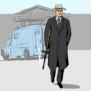 Gangster silahla banka pop sanat vektör yürüyüş