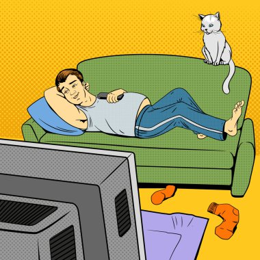 TV çizgi roman tarzı izlerken kanepede yatan adam