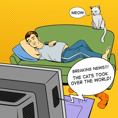 TV çizgi roman tarzı izlerken kanepede yatan adam