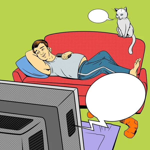 Man lying on couch watching TV comic book style — Stock Vector