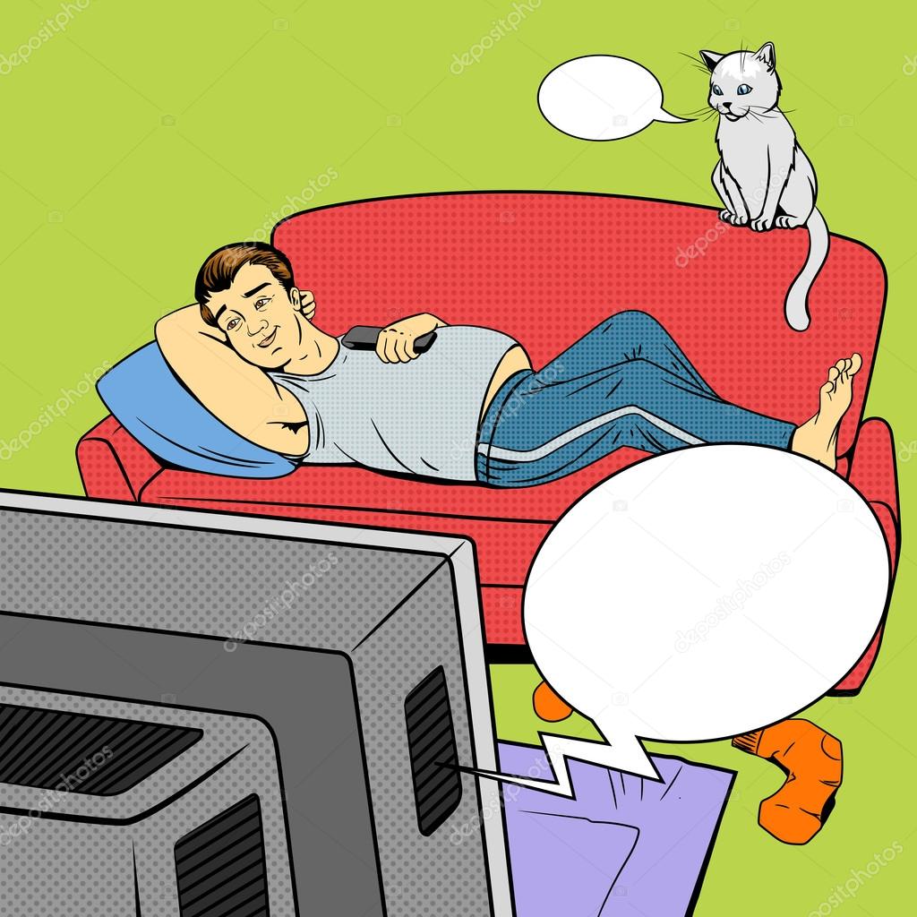 Man lying on couch watching TV comic book style