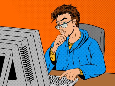Coder programmer developer at work comic book pop art retro style vector illustration. Software engineer. clipart svg vector 