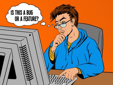 Coder programmer developer at work comic book pop art retro style vector illustration. Software engineer. clipart svg vector 