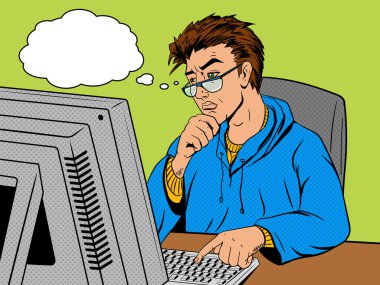 Coder programmer developer at work comic book pop art retro style vector illustration. Software engineer. clipart svg vector 