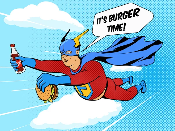 Superhero orang gemuk dan burger vektor buku komik - Stok Vektor