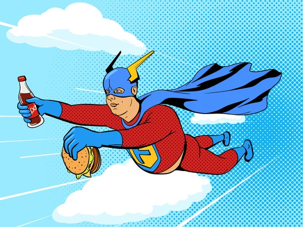 Superhero orang gemuk dan burger vektor buku komik - Stok Vektor