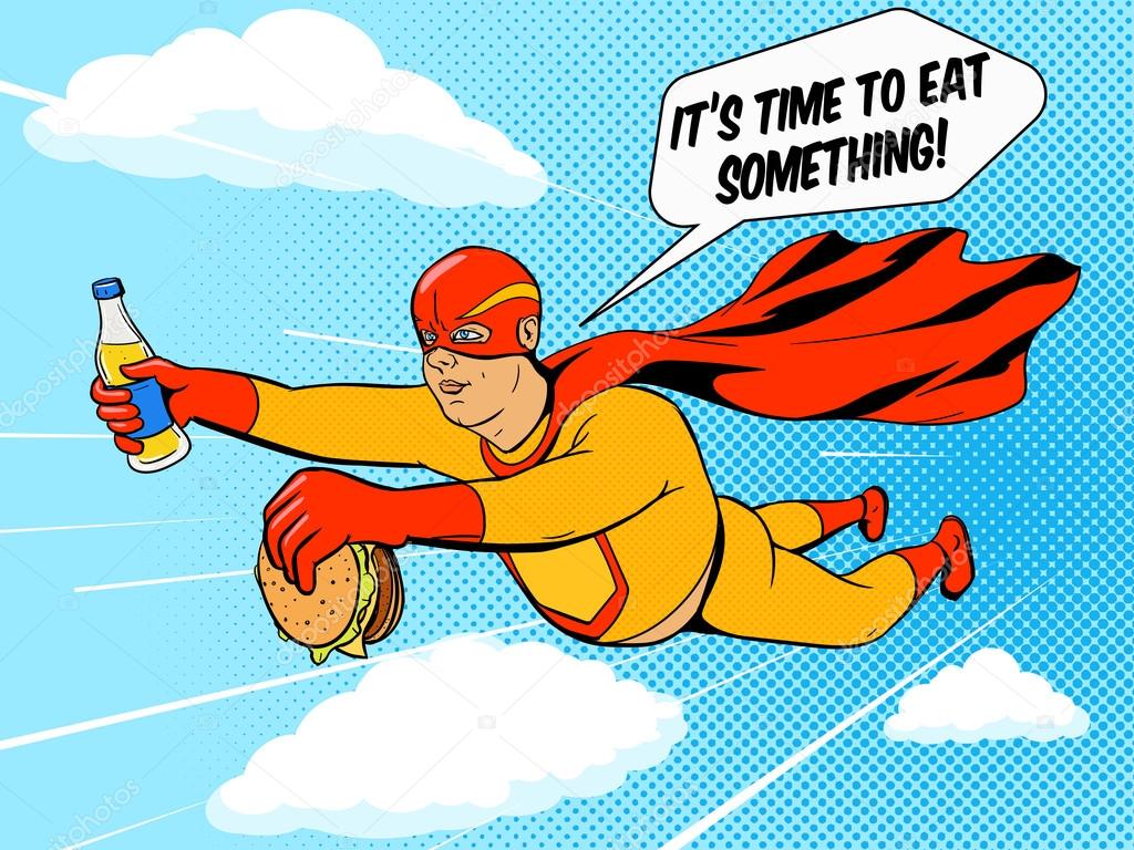 Superhero fat man and burger comic book vector