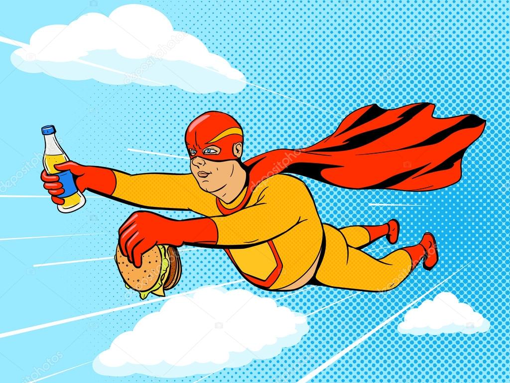 Superhero fat man and burger comic book vector