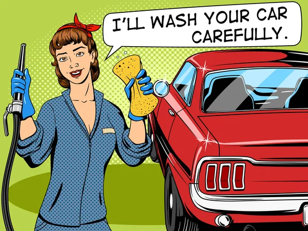 Myjnia samochodowa dziewczyna komiksowy styl wektor — Wektor stockowy