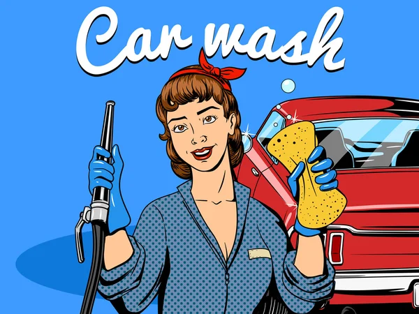 Πλύσιμο αυτοκινήτων κορίτσι κόμικ στυλ διάνυσμα — Διανυσματικό Αρχείο