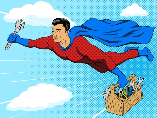 Superhéroe hombre y caja de herramientas cómic estilo vector — Vector de stock