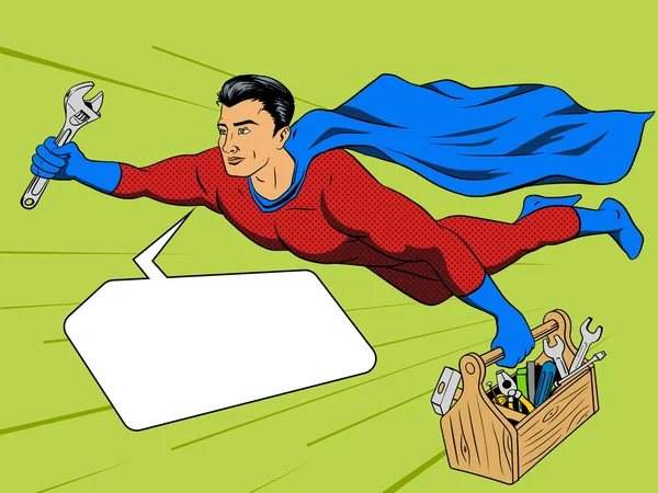 Superhéroe hombre y caja de herramientas cómic estilo vector — Vector de stock