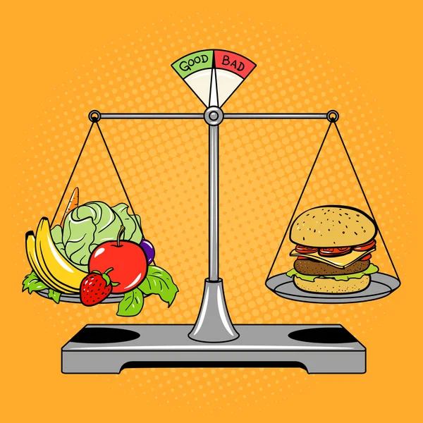 Balance scales with food comic book style vector — Stock Vector