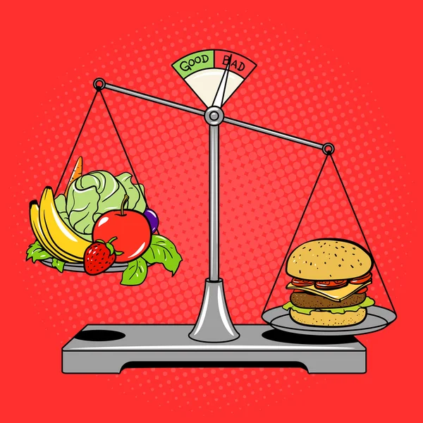 Balance scales with food comic book style vector — Stock Vector