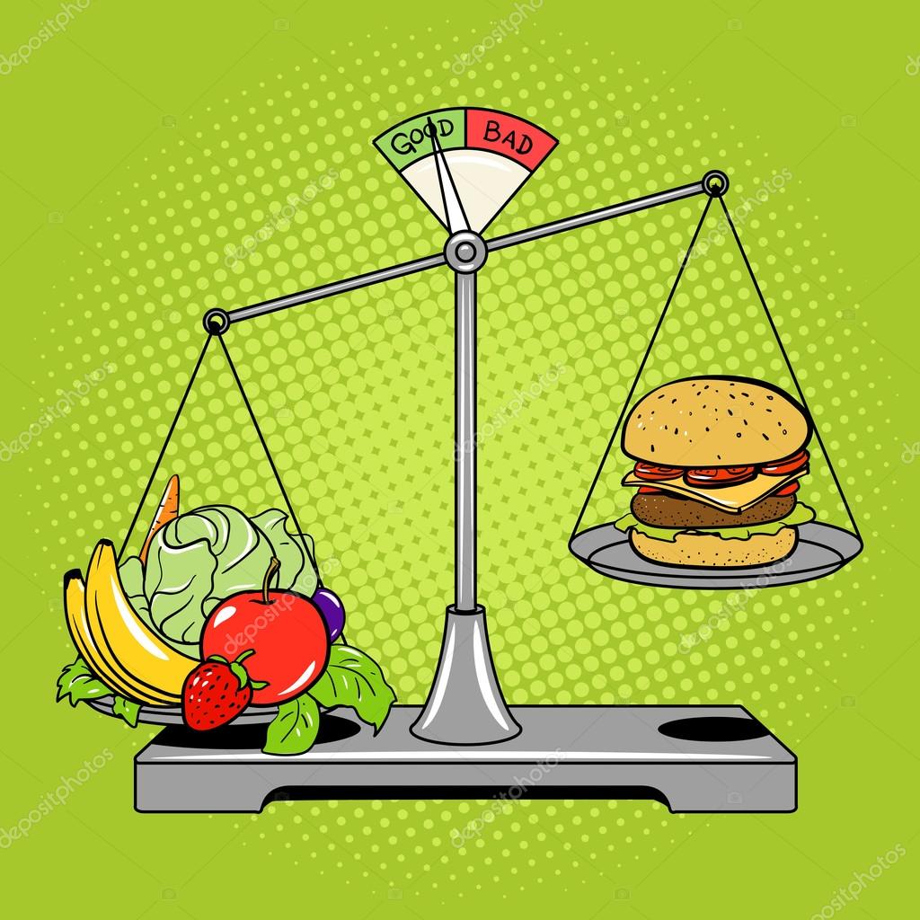 Hamburger and apple on scales. Balance between fast and healthy food. Diet,  nutrition, fitness and health concept. vector illustration. Stock Vector