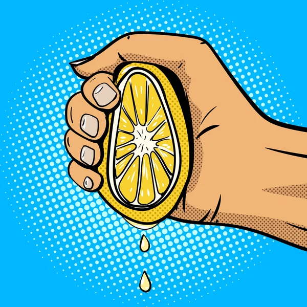 Hand squeeze lemon pop art comic book style vector — Stock Vector