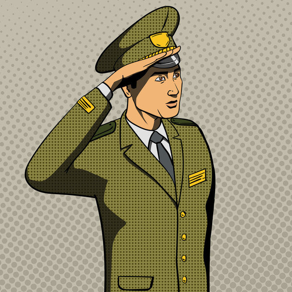 Military man salutes pop art style vector