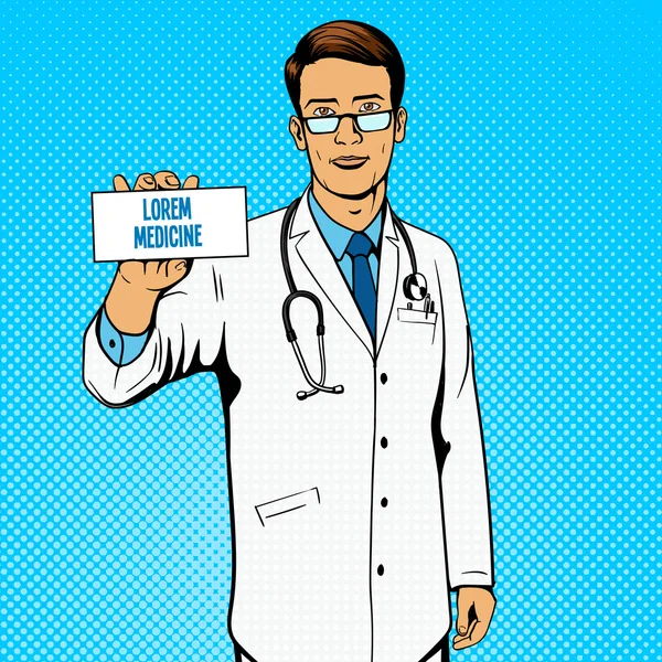 Doctor holding medicine box pop art vector — Stock Vector