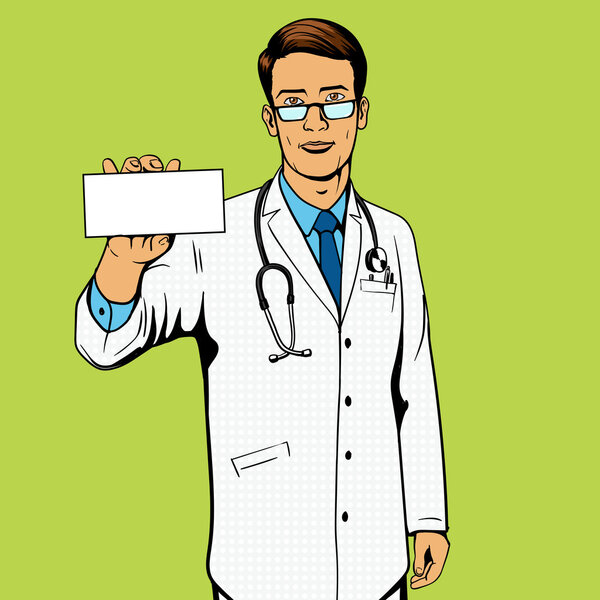 Doctor holding medicine box pop art vector