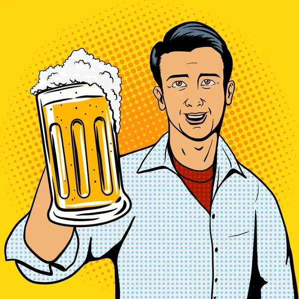 Hombre ofrece cerveza taza pop arte estilo vector — Vector de stock