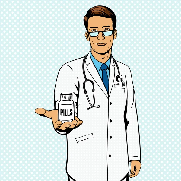 Doctor sosteniendo vial con pastillas pop art vector — Vector de stock