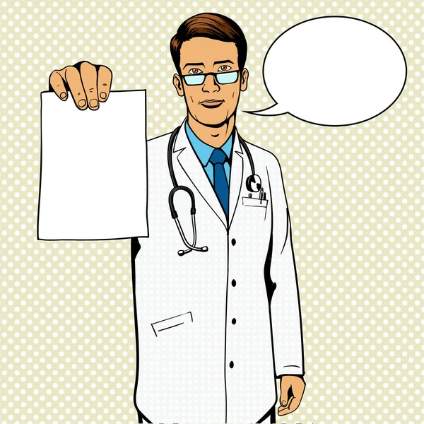 Doctor holding medical prescription pop art vector — Stock Vector