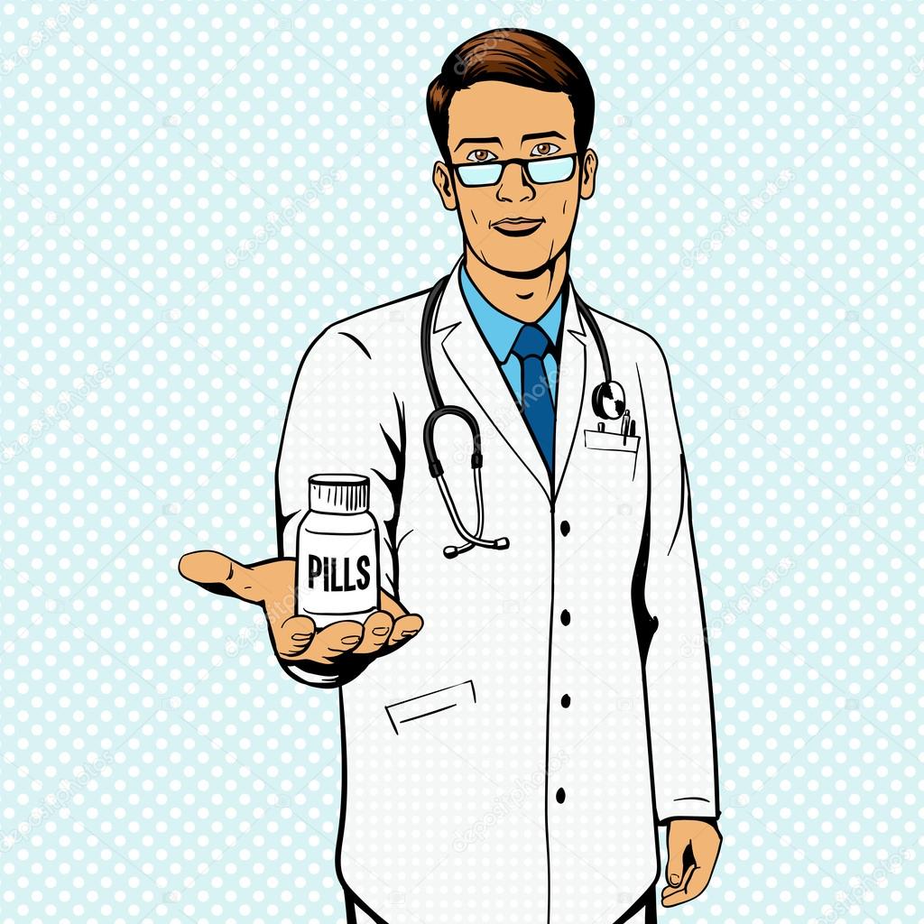 Doctor holding vial with pills pop art vector