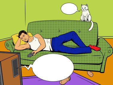 TV çizgi roman tarzı izlerken kanepede yatan adam