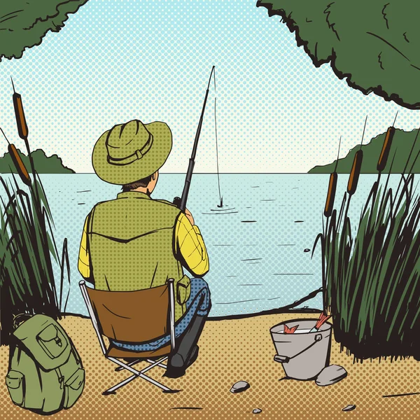 Homem pesca no lago pop arte estilo vetor —  Vetores de Stock