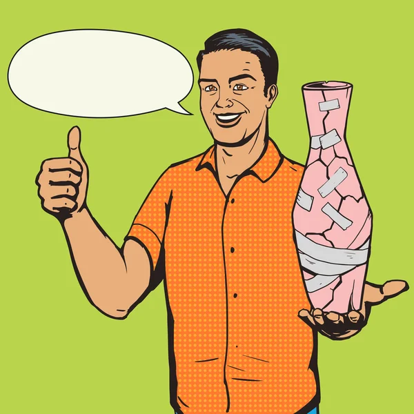 Mann fixiert Vase mit Klebeband Pop-Art-Vektor — Stockvektor