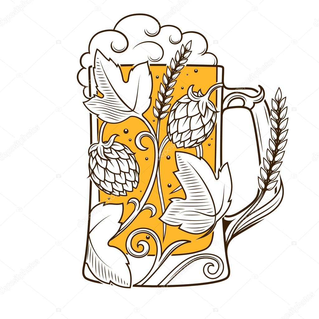 Beer mug abstract ornament vector illustration. Engraving style