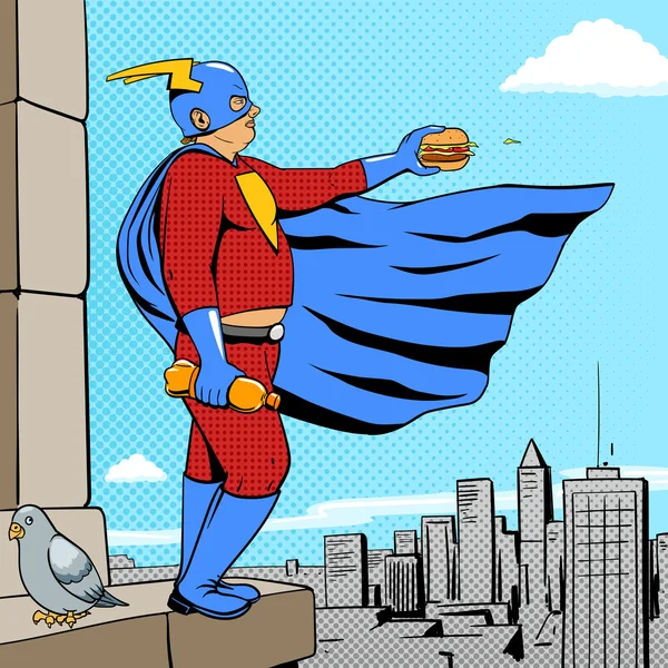 Superhéroe gordo hombre y hamburguesa cómic vector — Archivo Imágenes Vectoriales