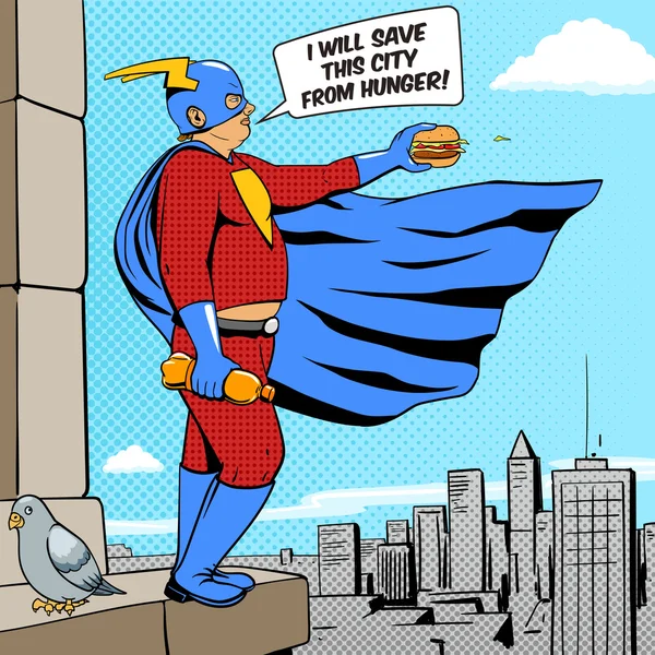 Superhéroe gordo hombre y hamburguesa cómic vector — Archivo Imágenes Vectoriales