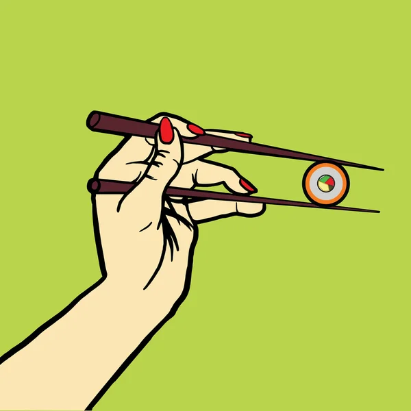 Hand med ätpinnar och sushi pop art vektor — Stock vektor